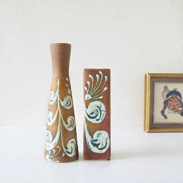 RUSCHA Pair of Caramel Mid Century Vases, Abstract decor in Green and White, West German Pottery