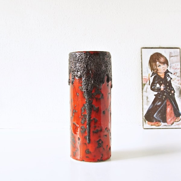 FOHR Keramik, Red and Black Mid Century Fat Lava Vase, West Germany Pottery