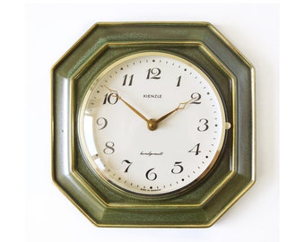 KIENZLE, Green and Gold Mid Century ceramic Wall Clock, Relief decor, made in West Germany