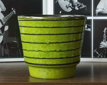 Large Green and Black Mid Century Fat Lava Planter, West German Pottery