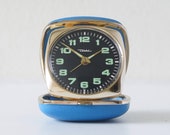 Blue Mid Century travel alarm clock by Diehl, German