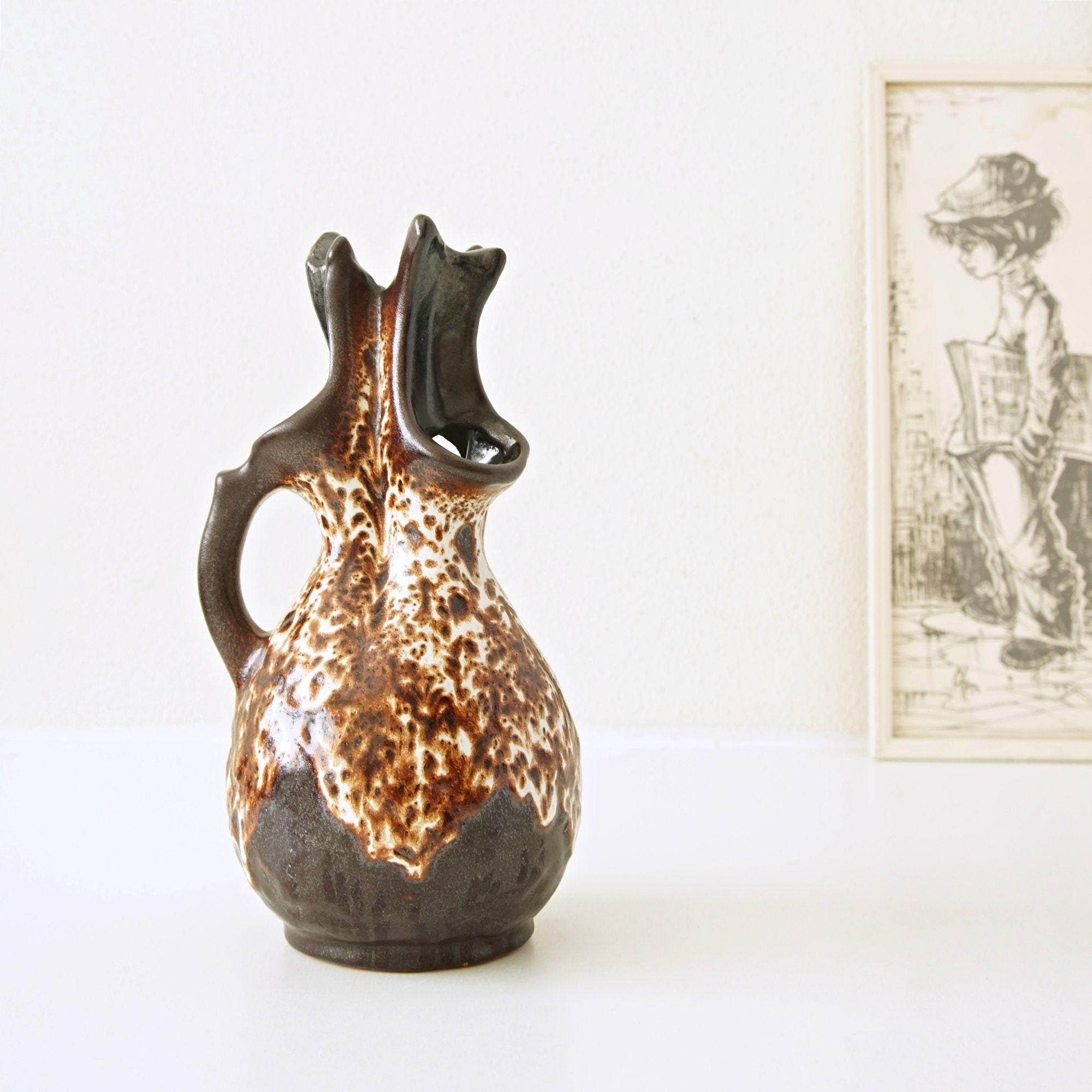 WALTER GERHARDS, Brown and White Mid Century Fat Lava Vase, Model
