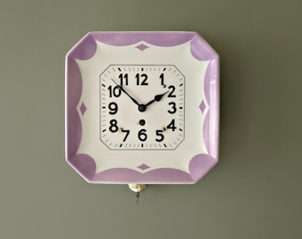 Art Deco Ceramic Wall Clock – Purple & Off-White – 1930s German Pendulum Clock with Key – Vintage Wind-Up Clock