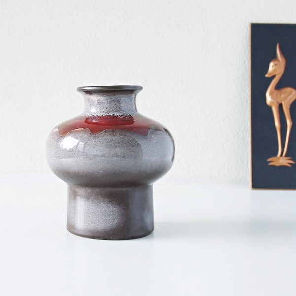 VEB Haldensleben Brown, Red and Gray Mid Century "UFO" Vase, East German Pottery