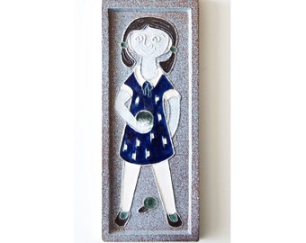 Blue Mid Century ceramic wall plaque/ wall tile, girl decor. Vintage Pottery