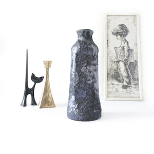 Jarrón Marei Fat Lava | Cerámica alemana occidental de mediados de siglo, esmalte azul plateado negro