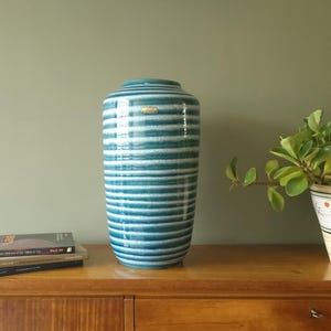 Scheurich Sea Green Striped Vase: Mid-Century Modern West German Pottery