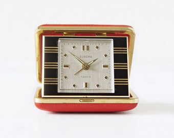 Brass  and Metal Mid Century Travel Alarm clock, Red Case by Europa, Germany