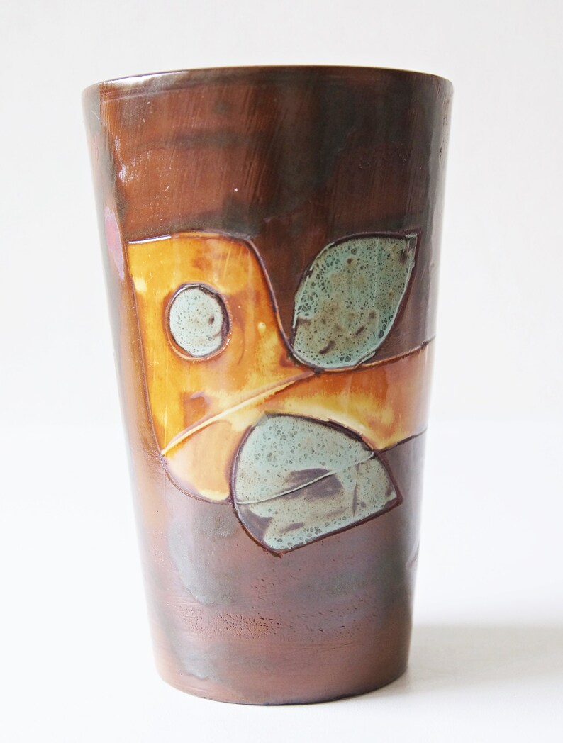 POTTERS Keramiek, Brown Mid Century Vase, Fish decor, Dutch Studio Pottery image 4