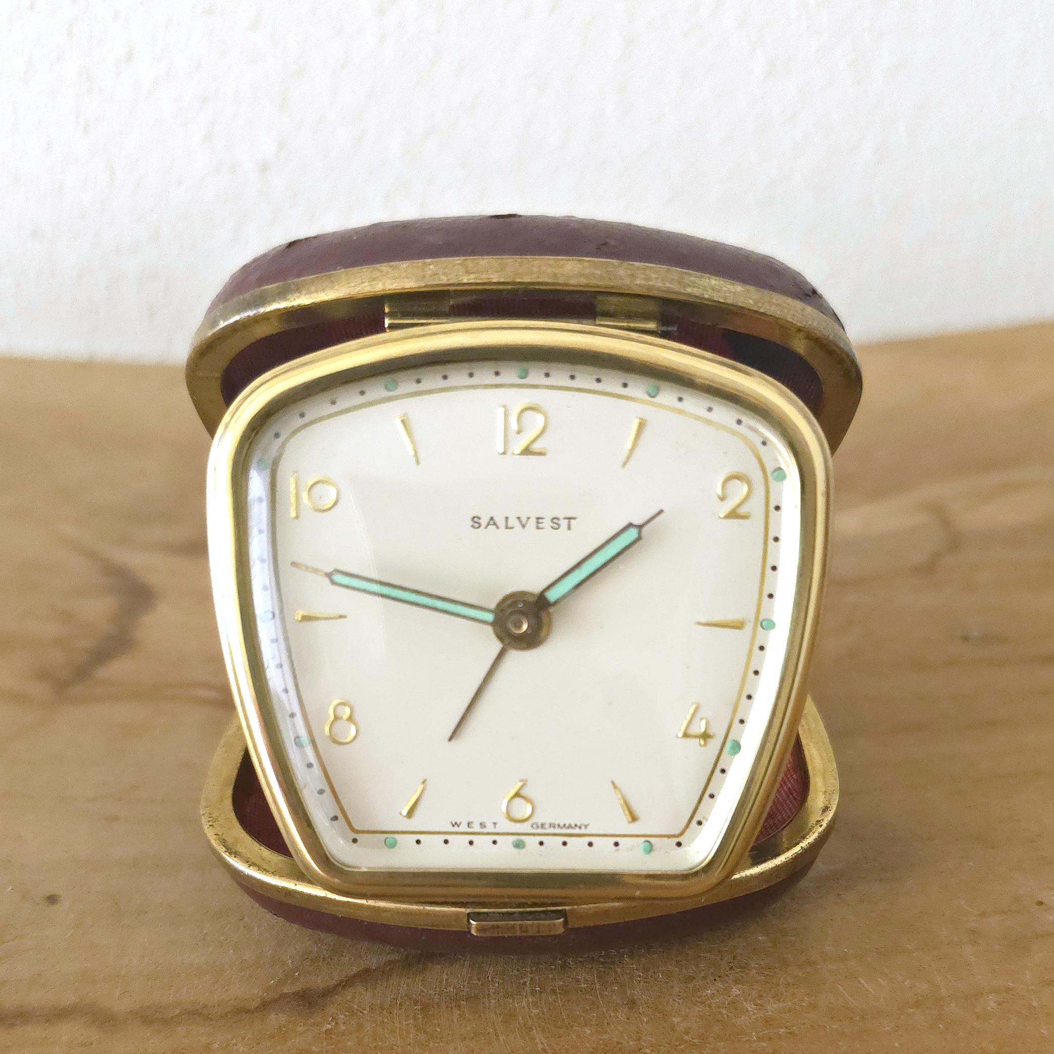Salvest Travel Alarm Clock – 1950s West Germany, Burgundy Leather