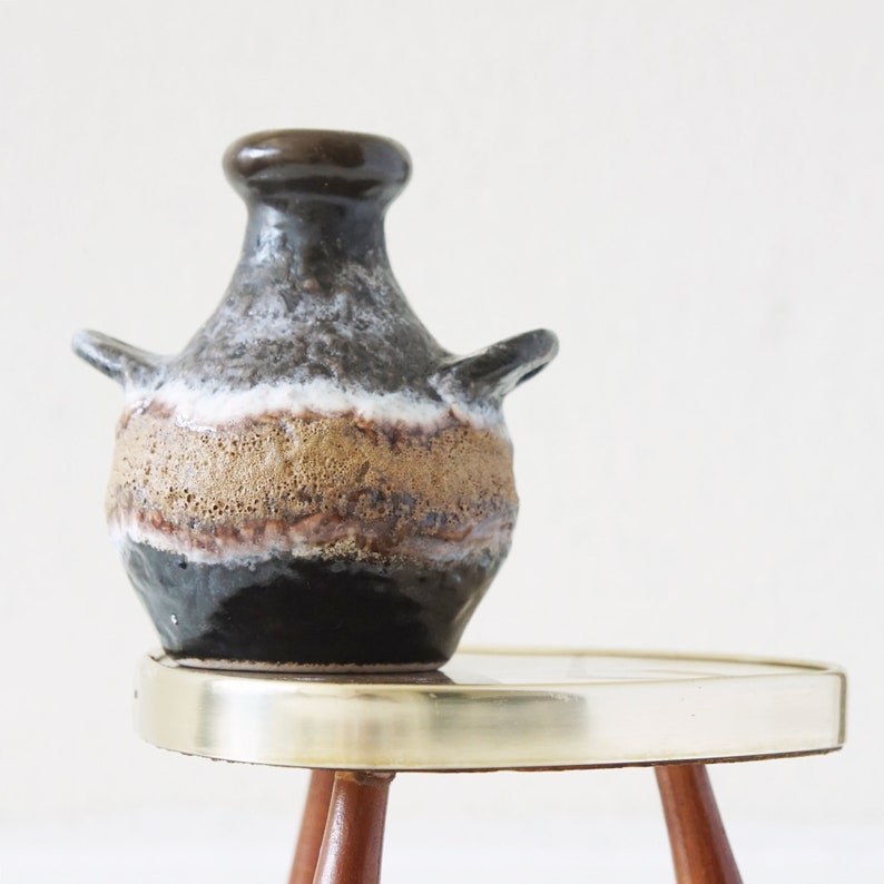 Brown and Beige Mid Century Fat Lava Vase, With Small Fifties Wooden Side Table. West German Pottery image 7