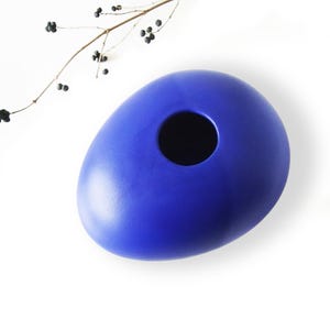 Puede incluir: Un jarrón de cerámica liso con forma de guijarro en un vibrante color azul cobalto con una única abertura circular en la parte superior. Una rama marrón fina y delicada con pequeñas bayas oscuras se sitúa cerca de la esquina superior izquierda.