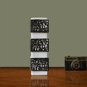 May include: A tall, rectangular vase with a striking black and white design. The vase is composed of three black textured sections separated by white bands. A vintage camera sits to the right of the vase on a wooden surface.