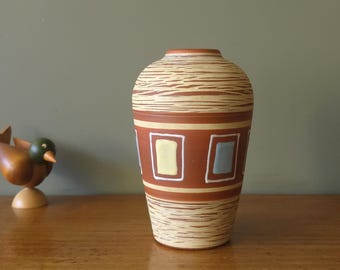 SAWA Mid Century Vase – 50s West German Pottery – Abstract Sgraffito Design – Colorful Vintage Decor