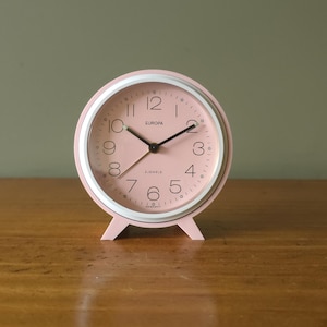 PETER Pastel Pink Mid Century Metal Alarm Clock, made in Germany. New old stock!