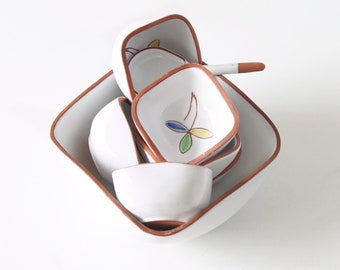 Mid Century ceramic Bowl Set / Snack Set, Colorful Leaves decor, Dutch Pottery
