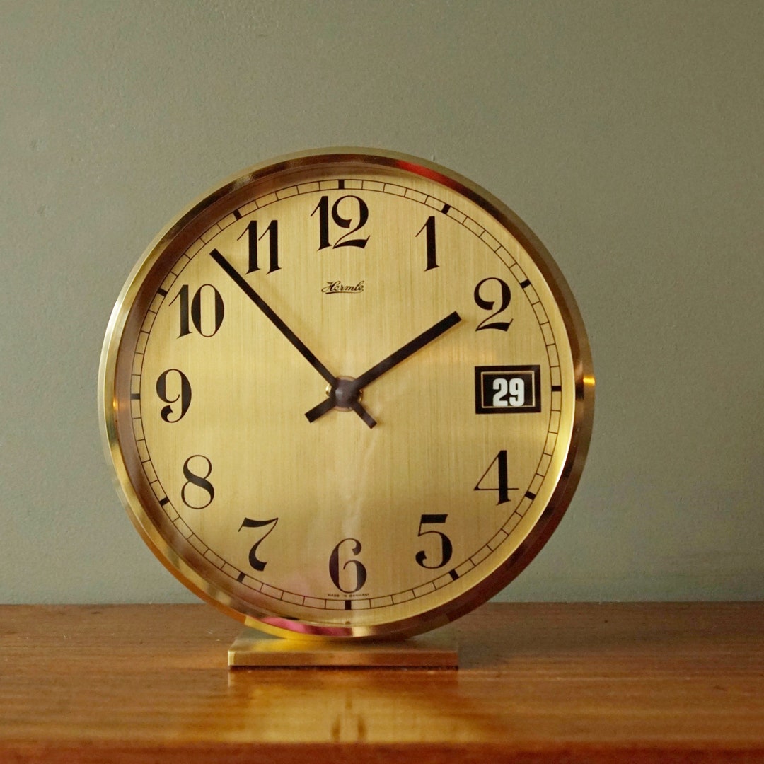 HERMLE, Large Brass Mid Century Table Clock, Date Function, Made in