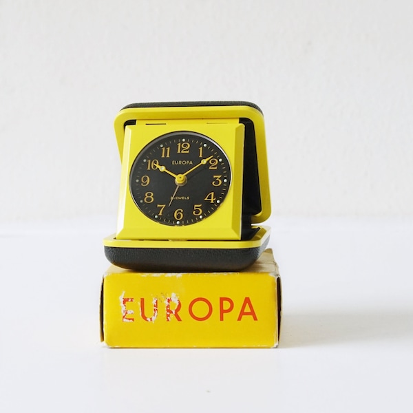 Yellow and Black Mid Century Travel Alarm Clock,  by Europa, Germany. New Old Stock.