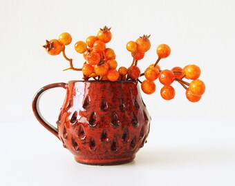 Red Mid Century Mug "Strawberry" decor, Italian Pottery