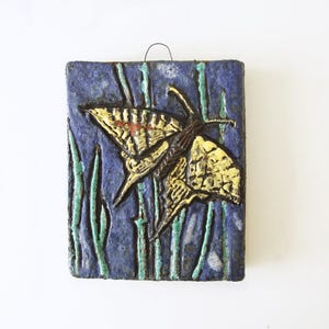Blue & Yellow Mid Century Wall Plate, Butterfly Relief Decor, West German Pottery