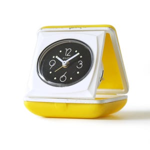 Mid Century Travel Alarm Clock l White, Black & Yellow Case, Equity Hong Kong
