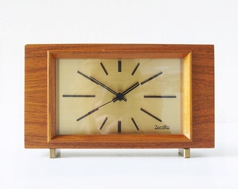 ZENTRA Mid Century Table Clock / Desk Clock,  in Wood and Brass, West Germany