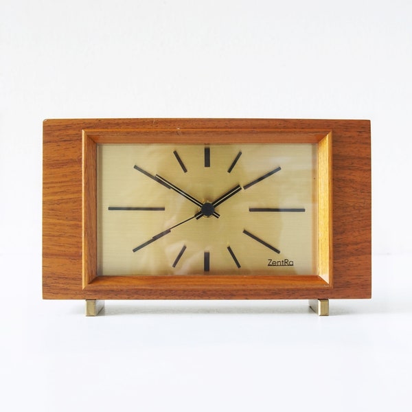 ZENTRA Mid Century Table Clock / Desk Clock,  in Wood and Brass, West Germany