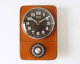 DUGENA, Warm Brown ceramic Mid Century Wall Clock, with Egg Timer, West Germany