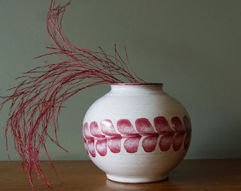 STREHLA White and Pink Mid Century Ball Vase, Leaves decor, East German Pottery