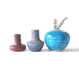 May include: Three ceramic vases in varying shapes and colors. A small, burgundy vase on the left, a blue and brown speckled vase in the middle, and a round, blue vase with a plant on the right.