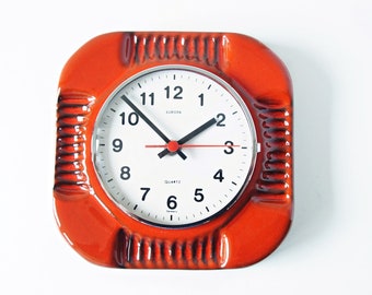 EUROPA Red Mid Century ceramic Wall Clock, Relief decor, West Germany