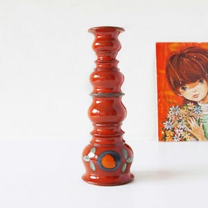 Staffel Keramik Red Candle Holder: 1960s West German Floral Pottery