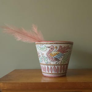 Colorful Mid Century Flower Pot, Bird and Abstract Floral Decor, made in Italy