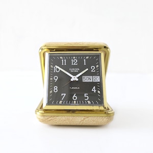Mid Century Travel Alarm Clock, Day and Date Function by Europa, 7 Jewels, Germany