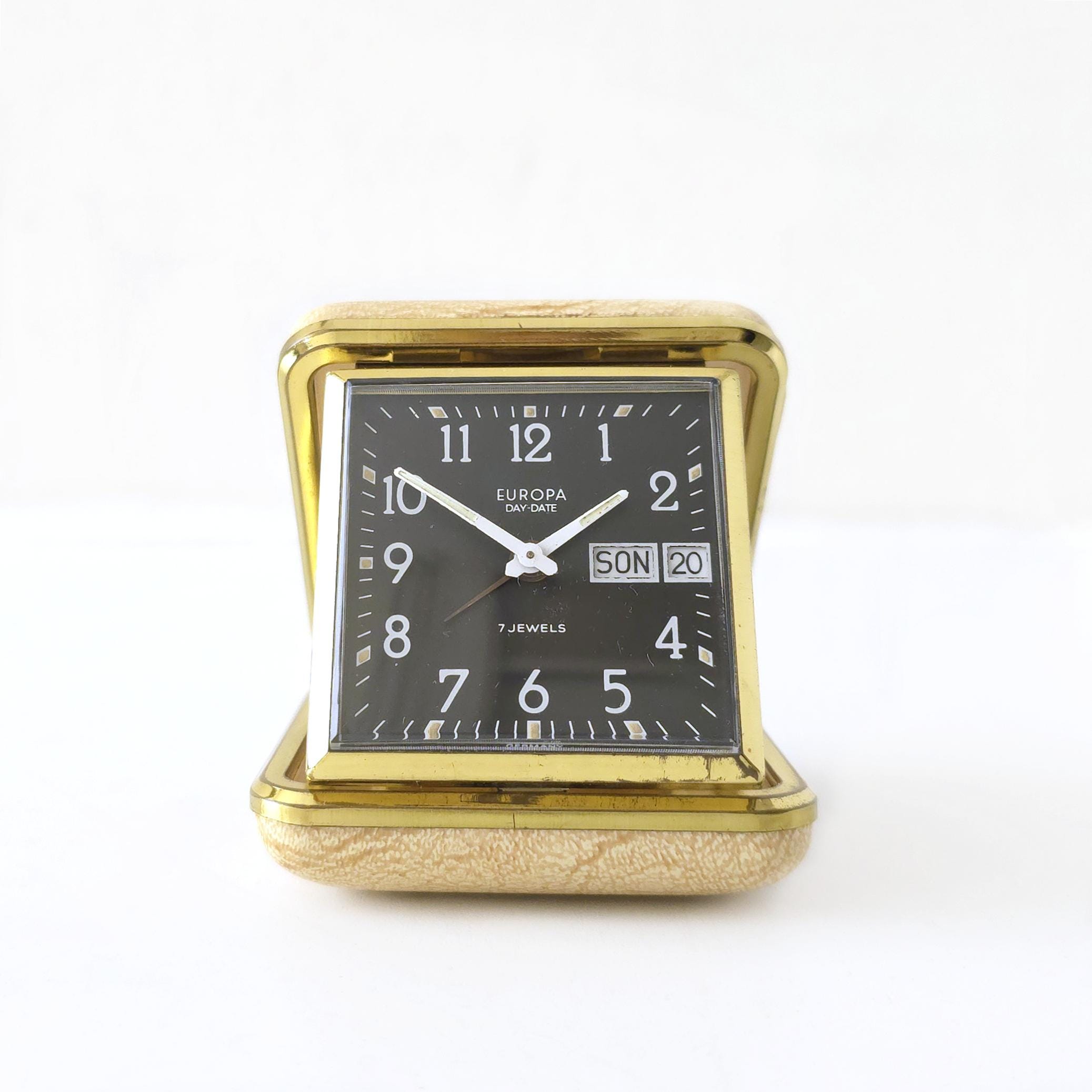 Mid Century Travel Alarm Clock, Day and Date Function by Europa, 7 Jewels, Germany