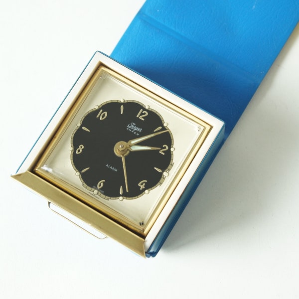 JERGER ANKER, Mid Century Travel Alarm Clock, in Blue Case, made in Germany