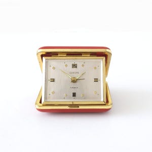 Mid Century Travel Alarm Clock, by Europa, 7 Jewels, Red Case, Germany