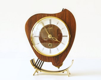 ORFAC, Mid Century Table Clock/ Desk Clock, Wood and Brass, Pendulum Clock, Holland