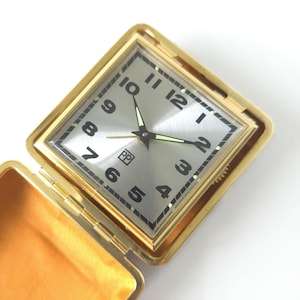 Mid Century Brass Travel Alarm Clock, Brown Case, made in Japan