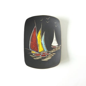 West German Pottery Wall Plate: 1950s Colorful Ship Decor