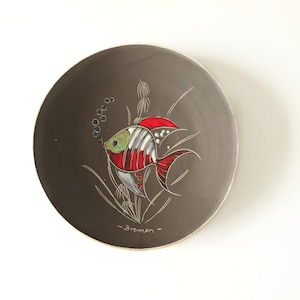 1950s West German Wall Plate – Colorful Fish Decor, Deep Brown Engobe Ceramic, Mid Century Modern Art Plate