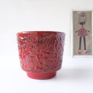 Large Red Mid Century Planter, Black Relief decor, West German Pottery