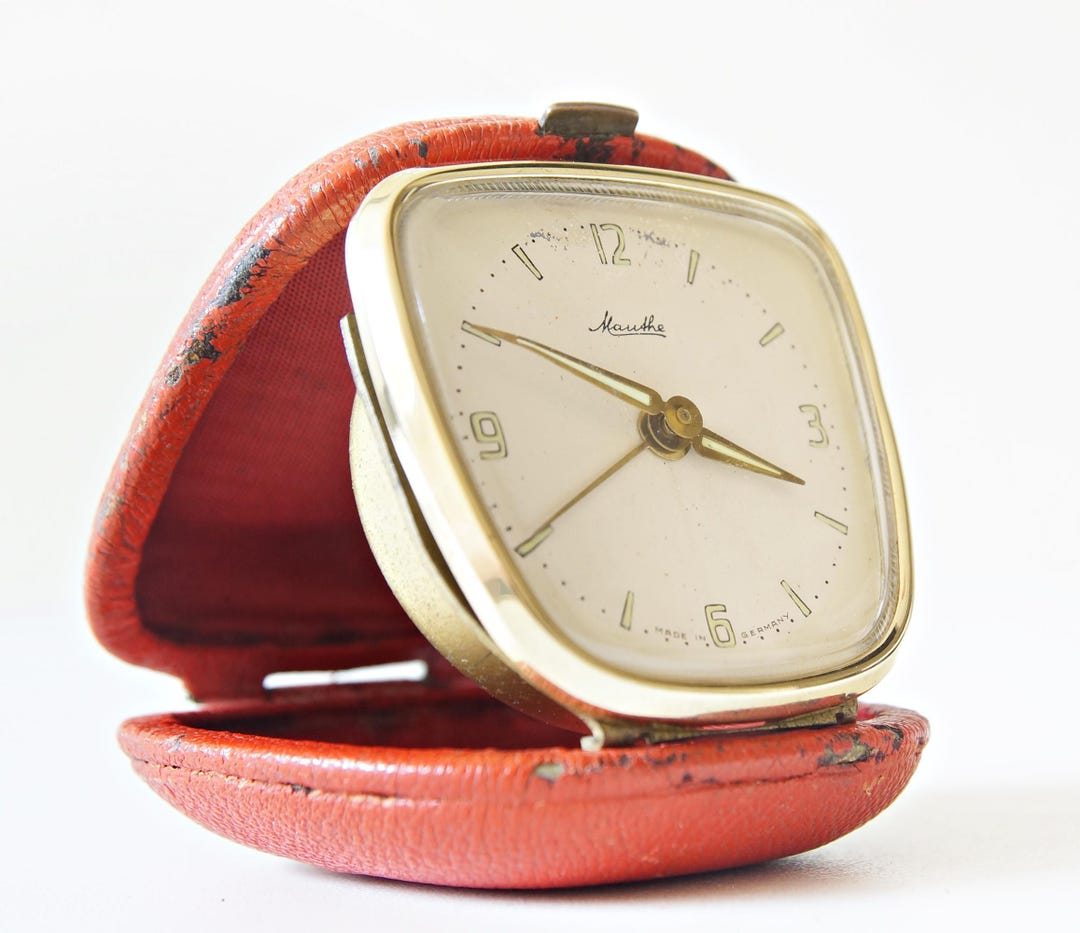 Mauthe Mid-century Travel Alarm Clock L Red Leather Case, Germany