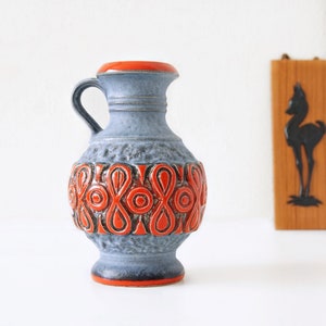 Ü-KERAMIK Ice Blue and Red  Mid Century Vase, Abstract Relief decor, West German Pottery