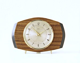 METAMEC Mid Century Wall Clock / Table Clock, Brass and Wood, made in England