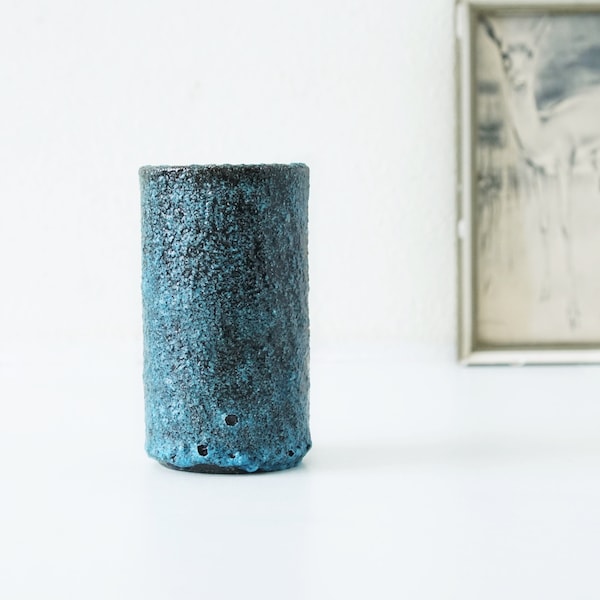 PIETER GROENEVELDT Blue and Black Mid Century Cylinder Vase, Dutch Pottery