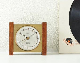 Mid Century Alarm Clock, In Wood and Brass, made by Europa, Germany