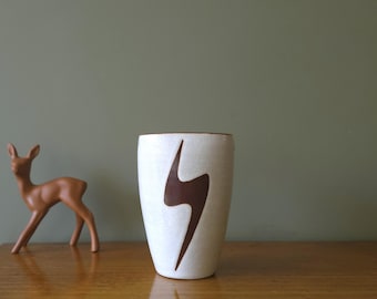RAVELLI White and Brown Mid Century Vase, Abstract decor, Dutch Pottery