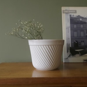 May include: A white ceramic planter with a diagonal ribbed design, holding delicate white flowers. The planter sits on a wooden surface, with a book titled "Chet Baker" in the background. The overall aesthetic is minimalist and natural.