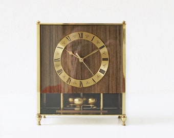 HETTICH, Mid Century Table Clock / Desk Clock, Brass and Wood Veneer, Floating Balance Movement, West Germany
